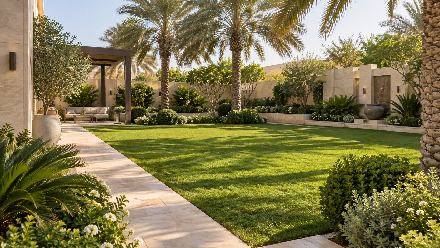 Illustrative residential garden with palms, lawn and a stone path